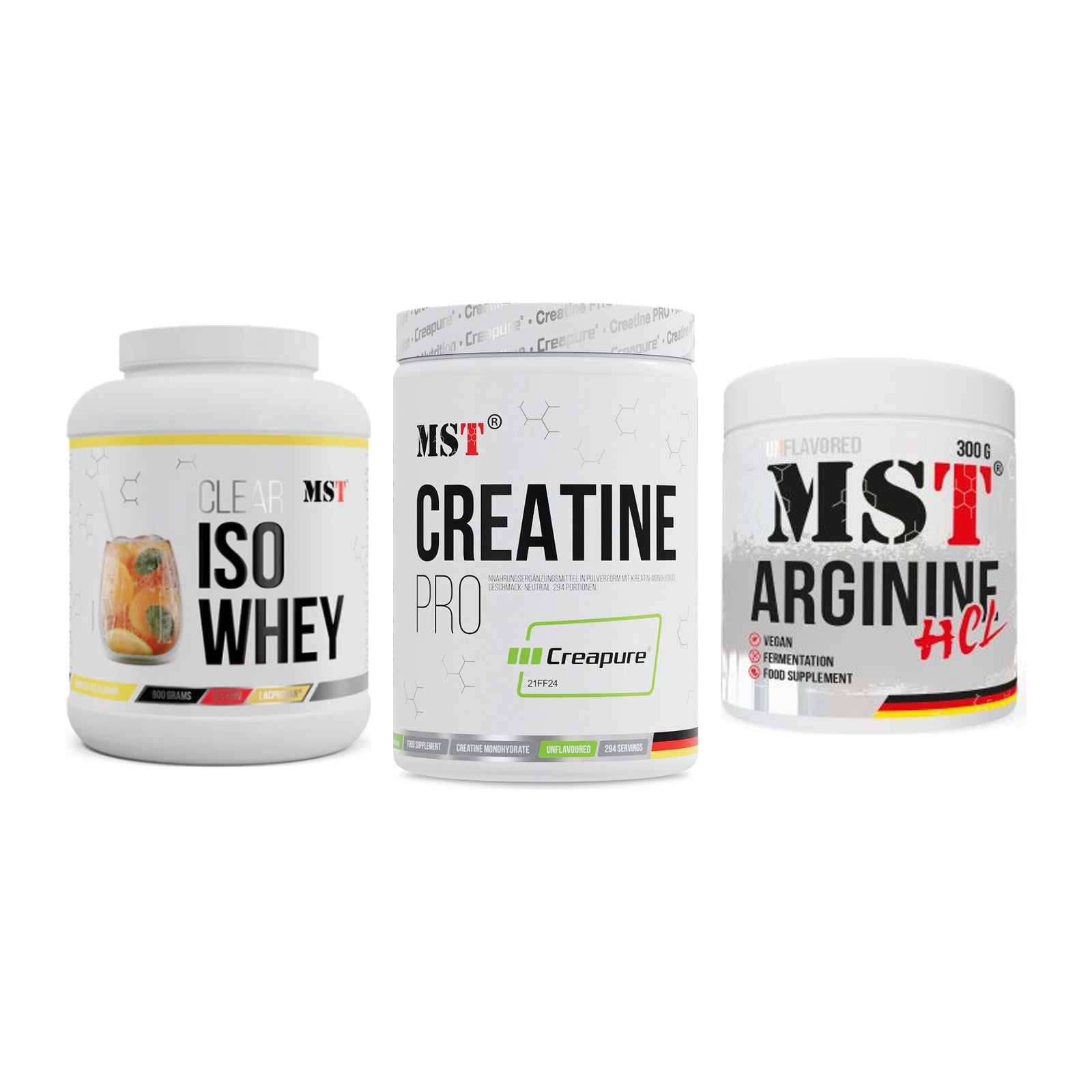 MST Marken-Trio: Iso Clear + Creatin Pro CREAPURE + Arginine HCL – alle enthaltenen Artikel