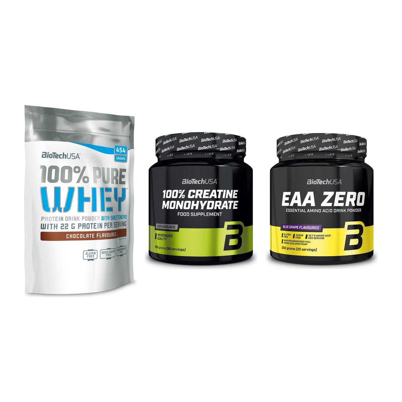 BioTech USA Marken-Trio: 100% Pure + Creatine + EAA Zero 350g – alle enthaltenen Artikel