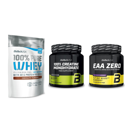 BioTech USA Marken-Trio: 100% Pure + Creatine + EAA Zero 350g – alle enthaltenen Artikel