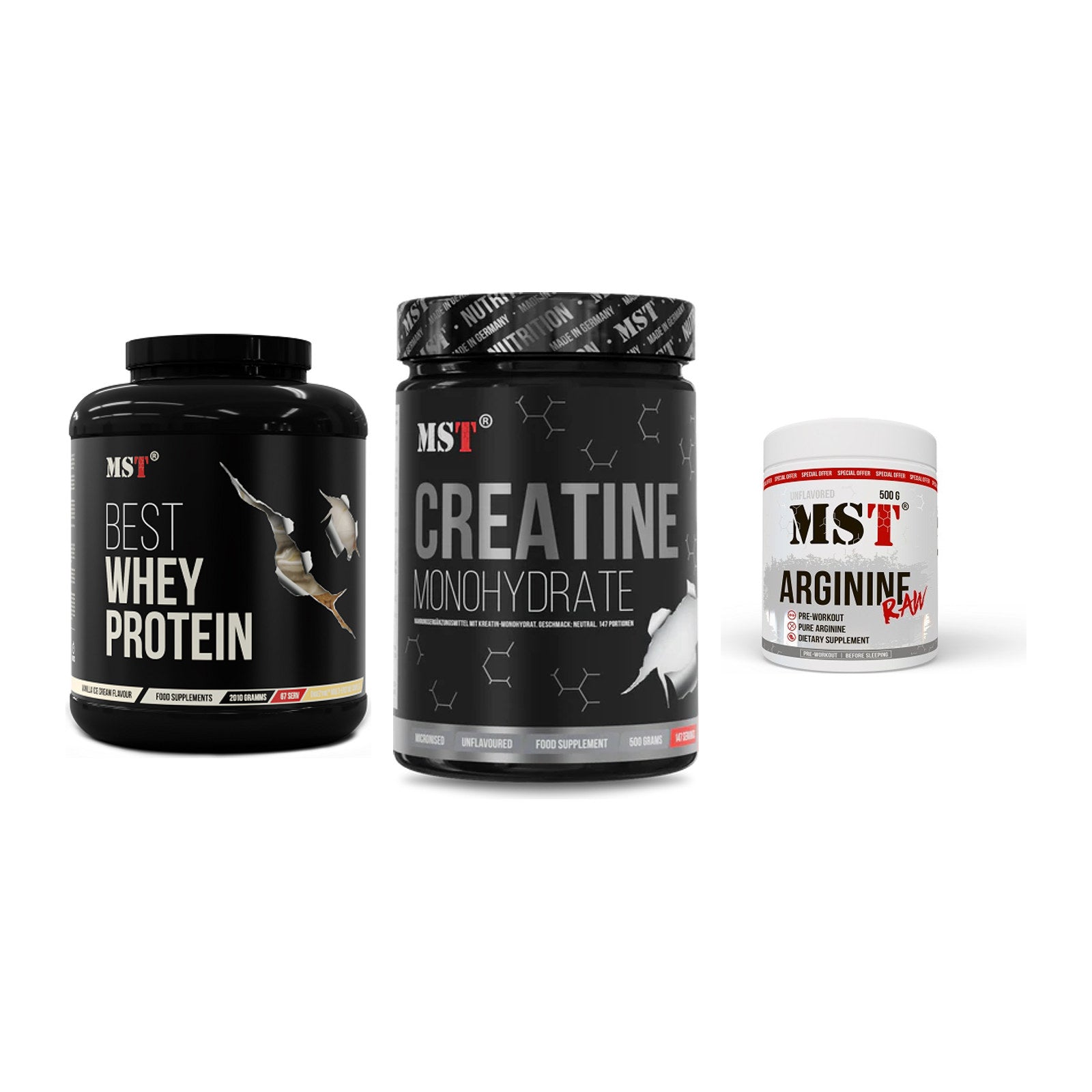 MST Marken-Trio: Best Whey + Creatin Monohyd + Arginine RAW – alle enthaltenen Artikel