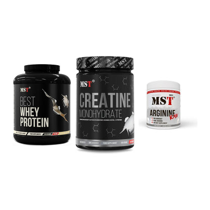 MST Marken-Trio: Best Whey + Creatin Monohyd + Arginine RAW – alle enthaltenen Artikel