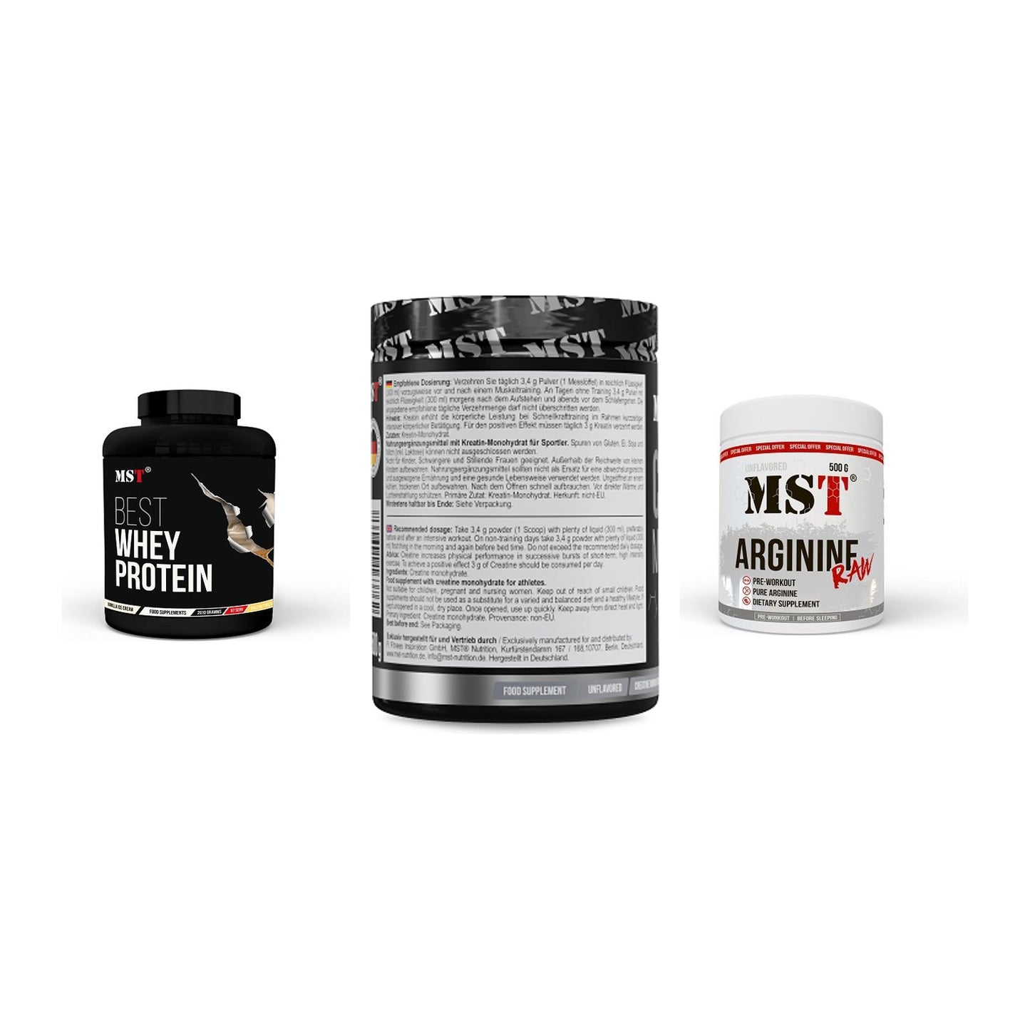 MST Marken-Trio: Best Whey + Creatin Monohyd + Arginine RAW – alle enthaltenen Artikel
