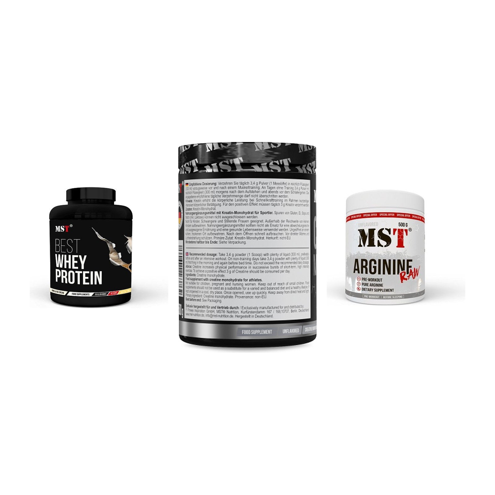 MST Marken-Trio: Best Whey + Creatin Monohyd + Arginine RAW – alle enthaltenen Artikel