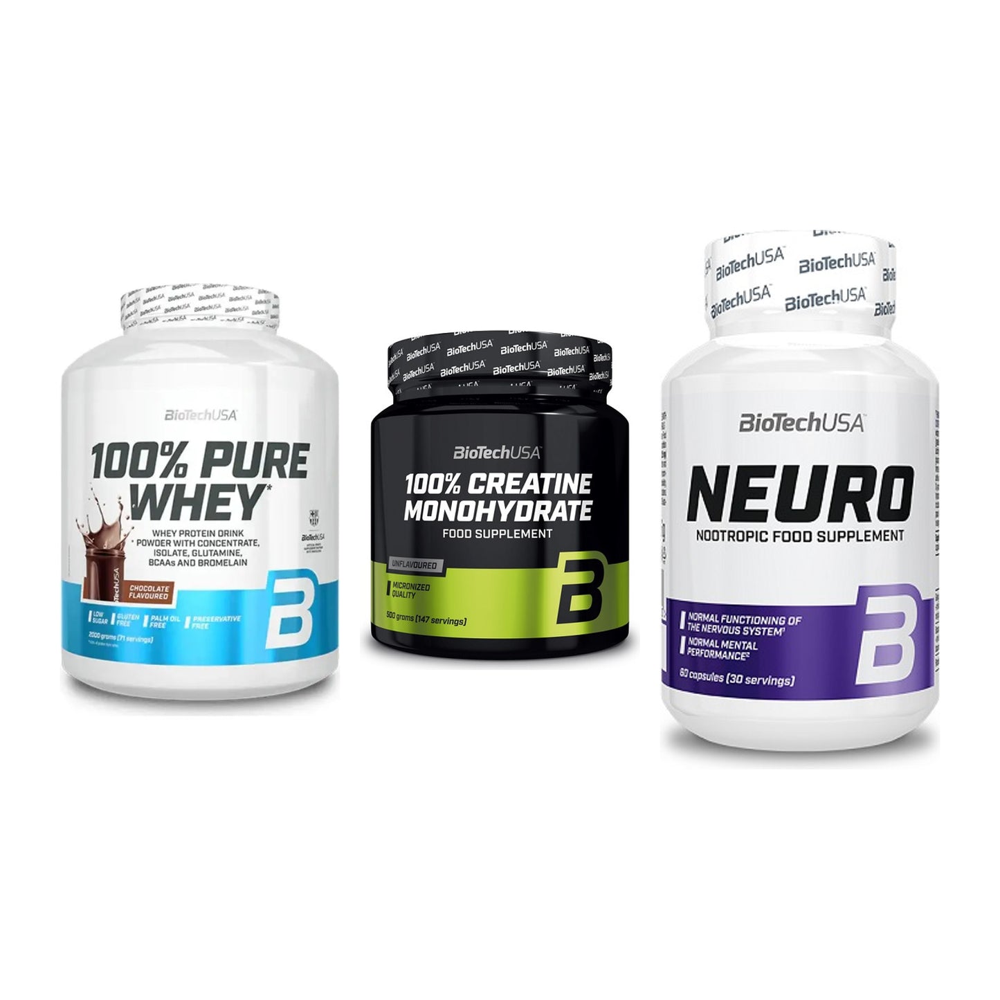 BioTech USA Marken-Trio: 100% Pure Whey + Creatine Monohydrate + Neuro – alle enthaltenen Artikel