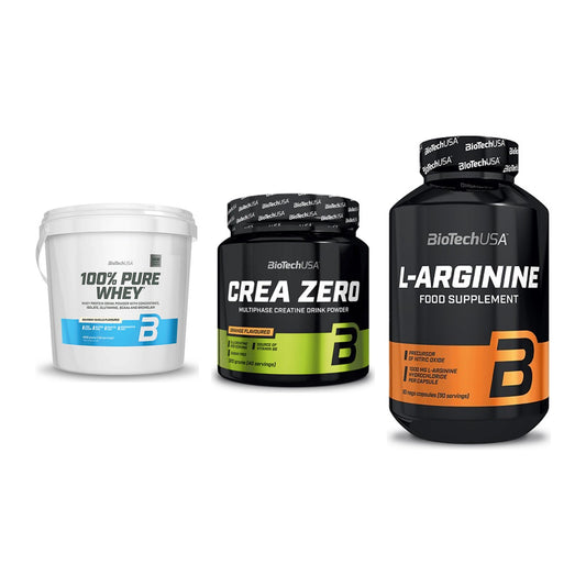 BioTech USA Marken-Trio: 100% Pure Whey + Crea Zero + L-Arginine – alle enthaltenen Artikel