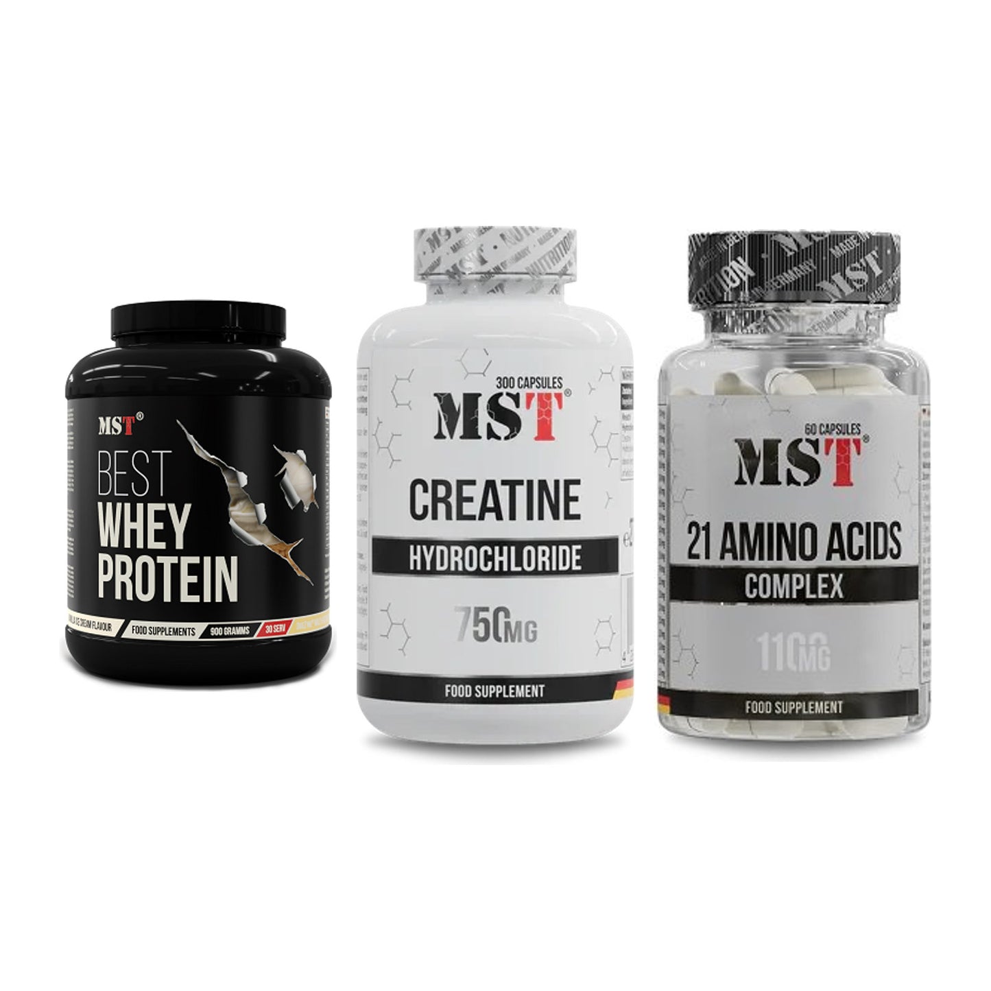 MST Marken-Trio: Best Whey Protein + Creatine HCL + 21 Amino Acids – alle enthaltenen Artikel