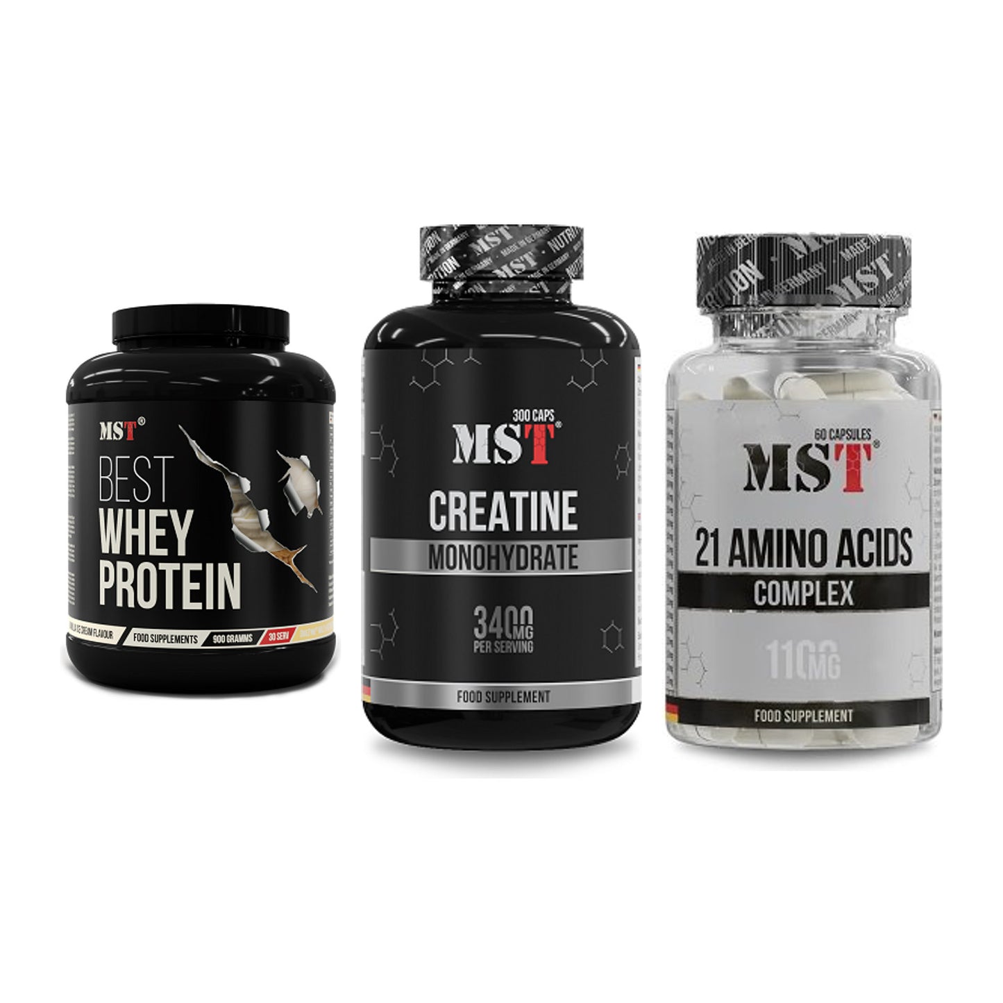MST Marken-Trio: Best Whey + Creatine + 21 Amino Acids – alle enthaltenen Artikel