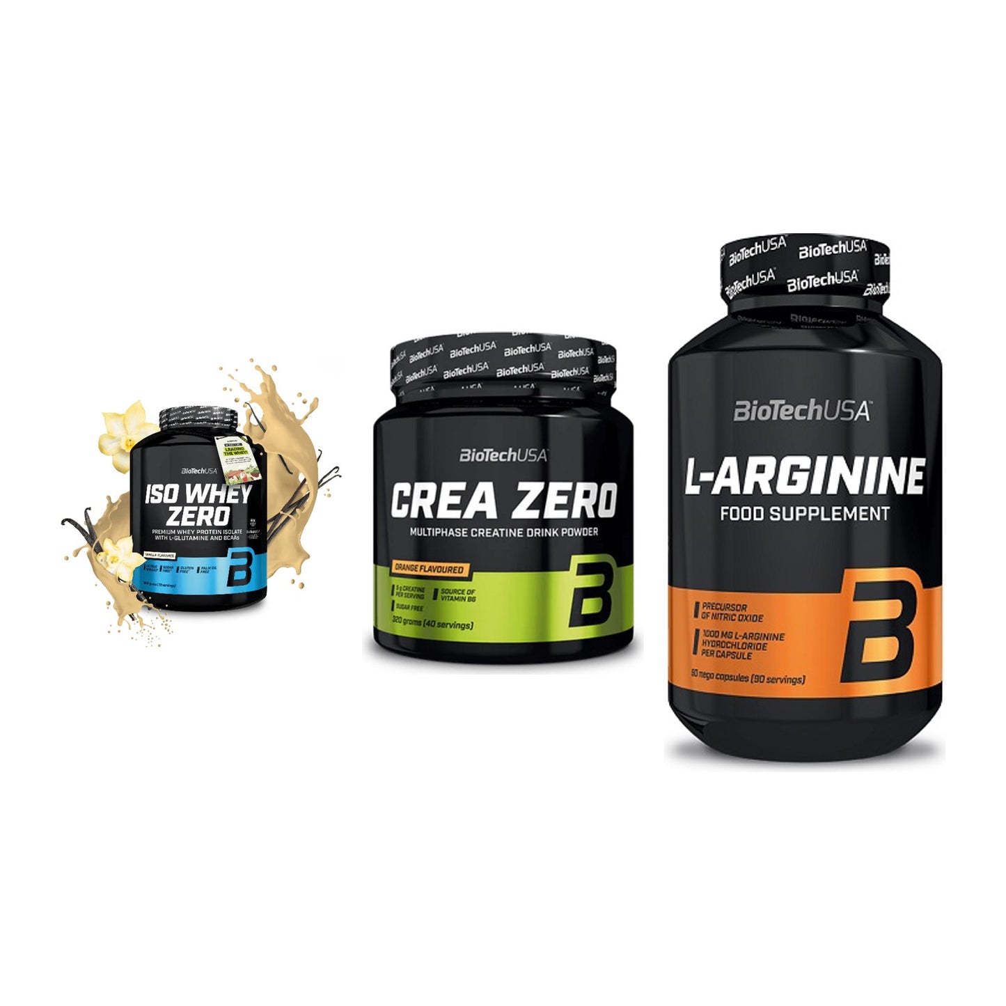 BioTech USA Marken-Trio: Iso Whey Zero + Crea Zero + L-Arginine – alle enthaltenen Artikel