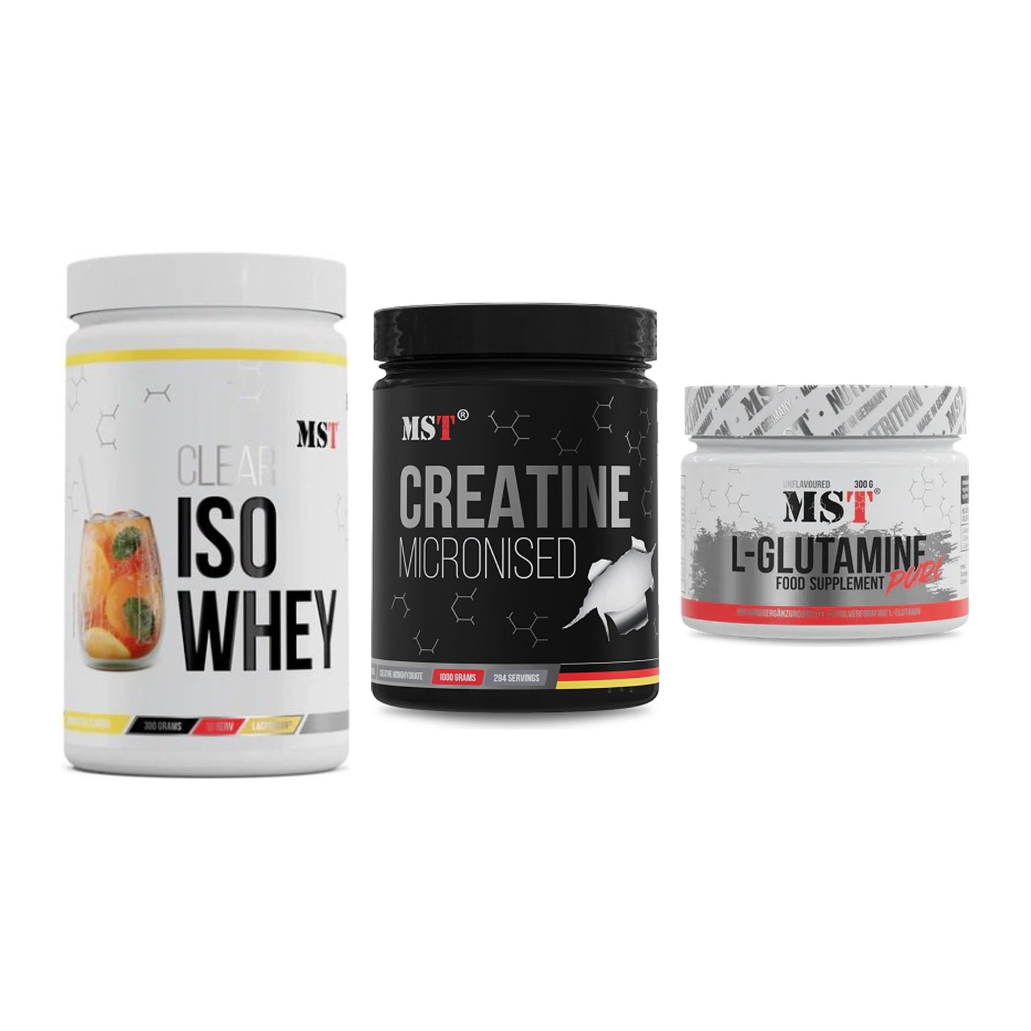 MST Marken-Trio: Iso Clear + Creatin Monohydrate + Glutamine – alle enthaltenen Artikel