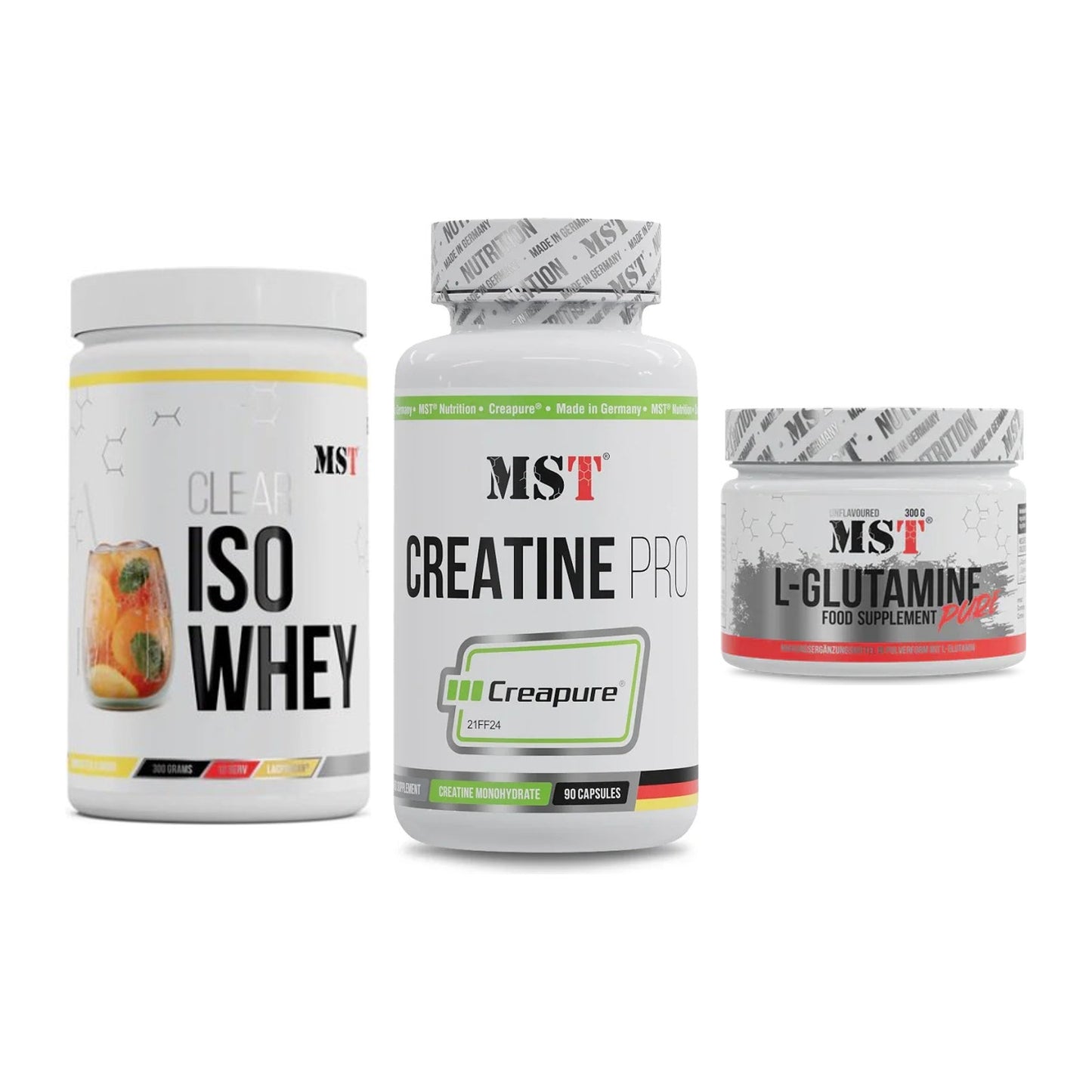 MST Marken-Trio: Iso Clear + Creatine Pro CREAPURE + Glutamine – alle enthaltenen Artikel