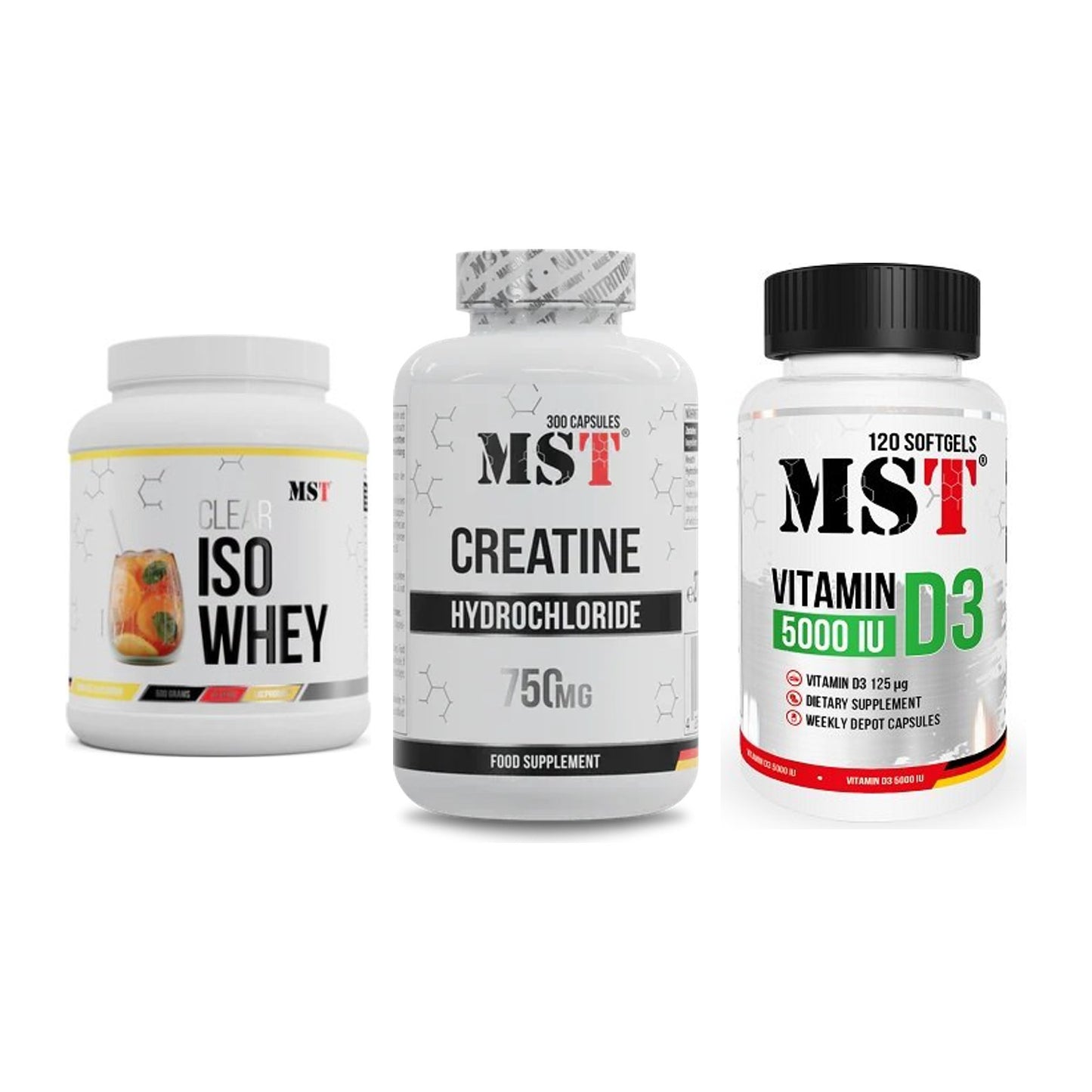 MST Marken-Trio: Iso Clear + Creatine HCL + Vitamin D3 – alle enthaltenen Artikel