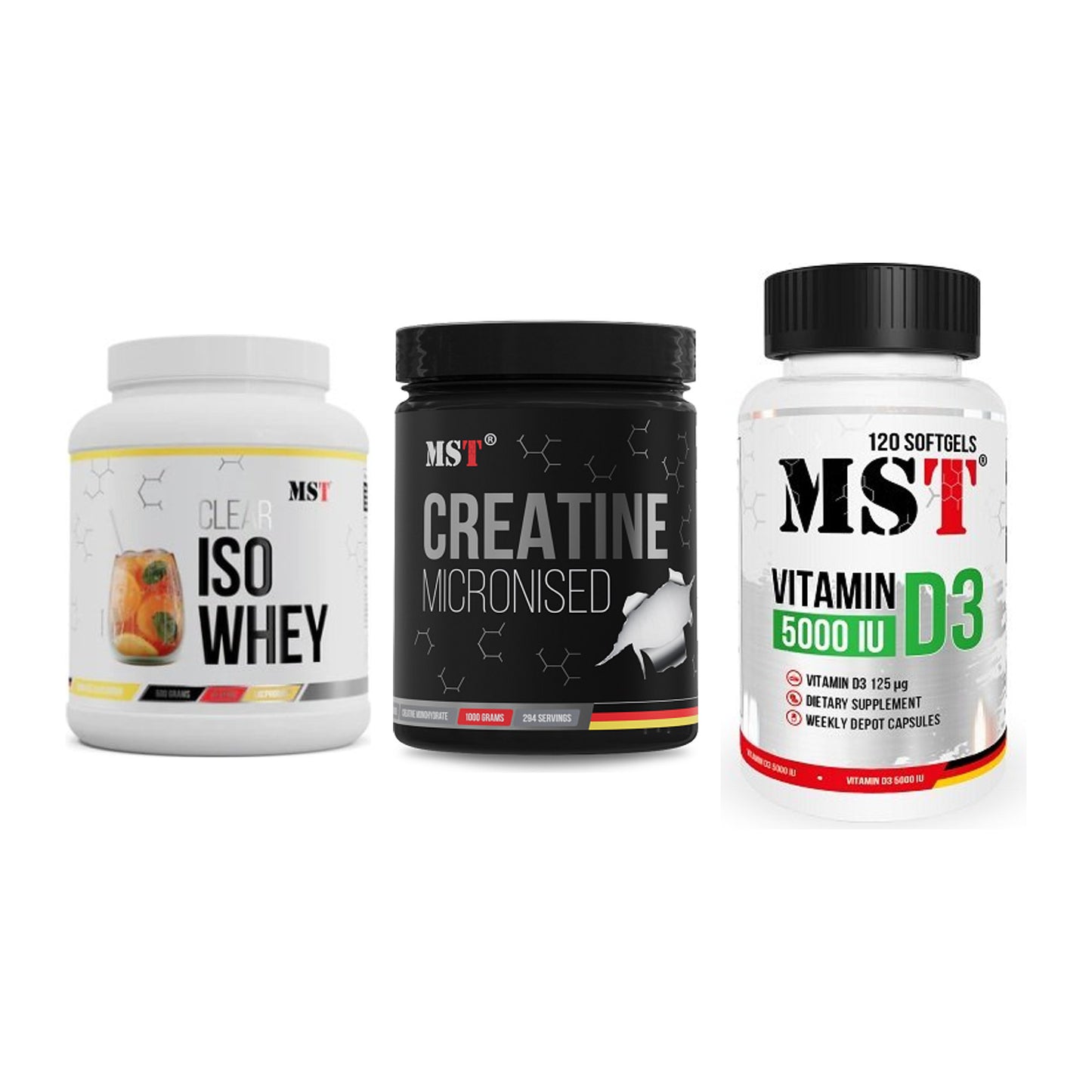 MST Marken-Trio: Iso Clear + Creatin Monohyd + Vitamin D3 – alle enthaltenen Artikel