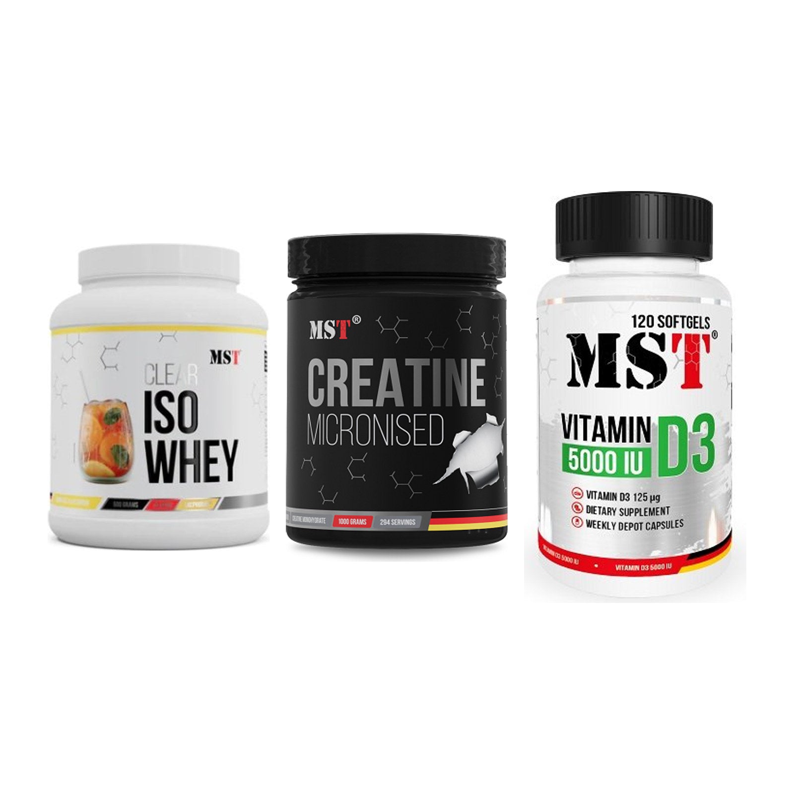 MST Marken-Trio: Iso Clear + Creatin Monohyd + Vitamin D3 – alle enthaltenen Artikel