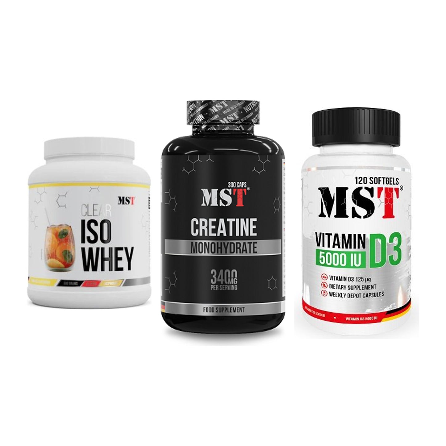 MST Marken-Trio: Iso Clear + Creatine + Vitamin D3 – alle enthaltenen Artikel