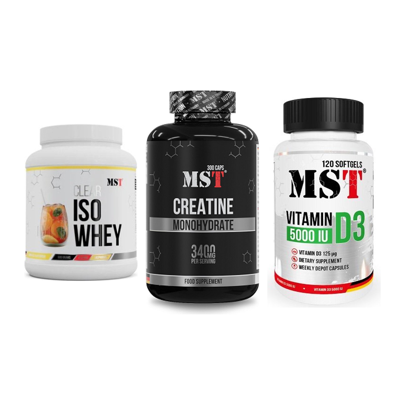 MST Marken-Trio: Iso Clear + Creatine + Vitamin D3 – alle enthaltenen Artikel