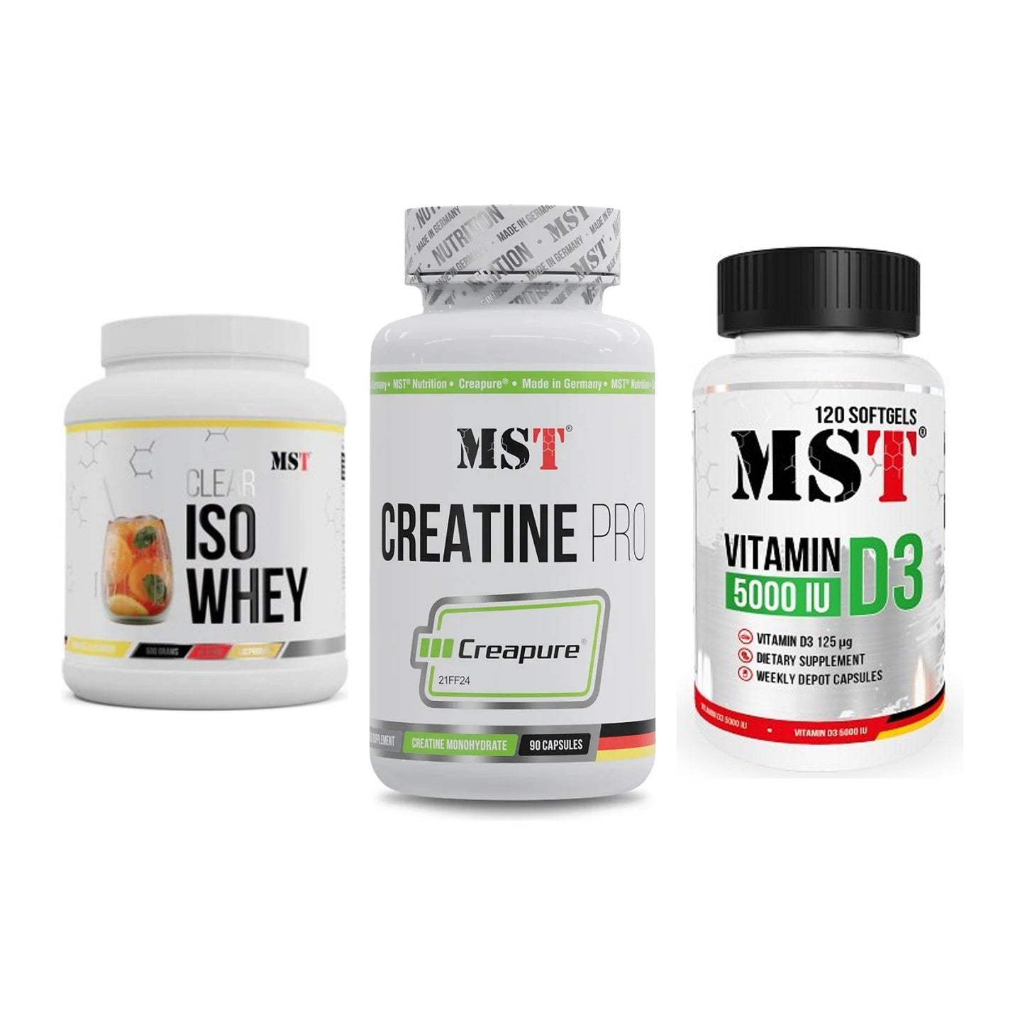 MST Marken-Trio: Iso Clear + Creatine Pro + Vitamin D3 – alle enthaltenen Artikel