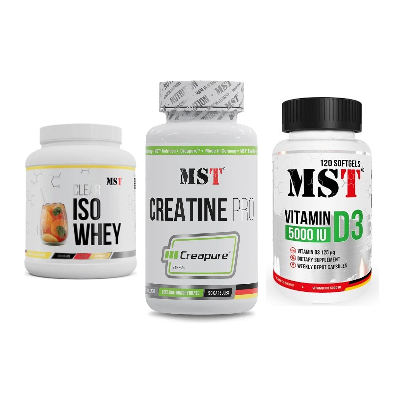 MST Marken-Trio: Iso Clear + Creatine Pro + Vitamin D3 – alle enthaltenen Artikel