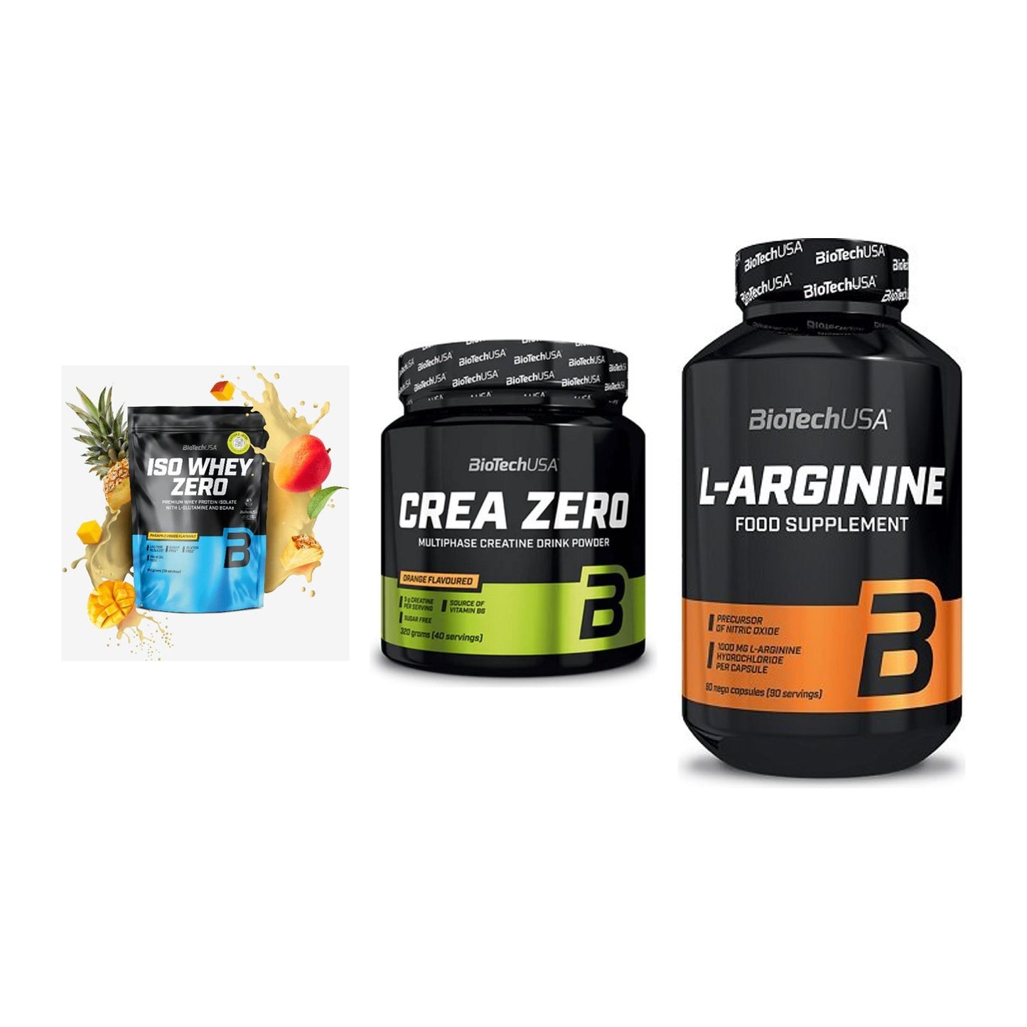 BioTech USA Marken-Trio: Iso Whey Zero + Crea Zero + L-Arginine – alle enthaltenen Artikel