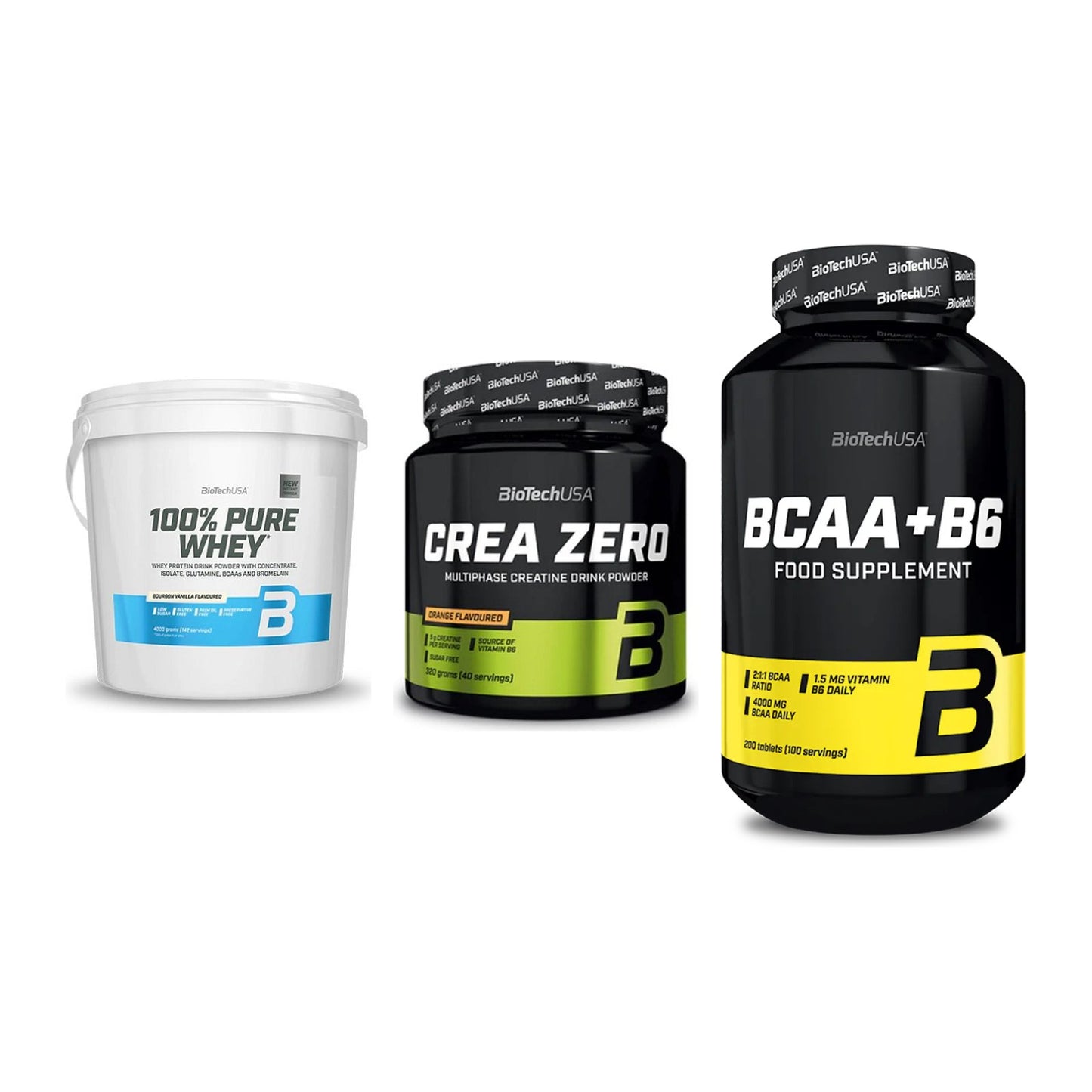 BioTech USA Marken-Trio: 100% Pure Whey + Crea Zero + BCAA+B6 200 Tabl – alle enthaltenen Artikel