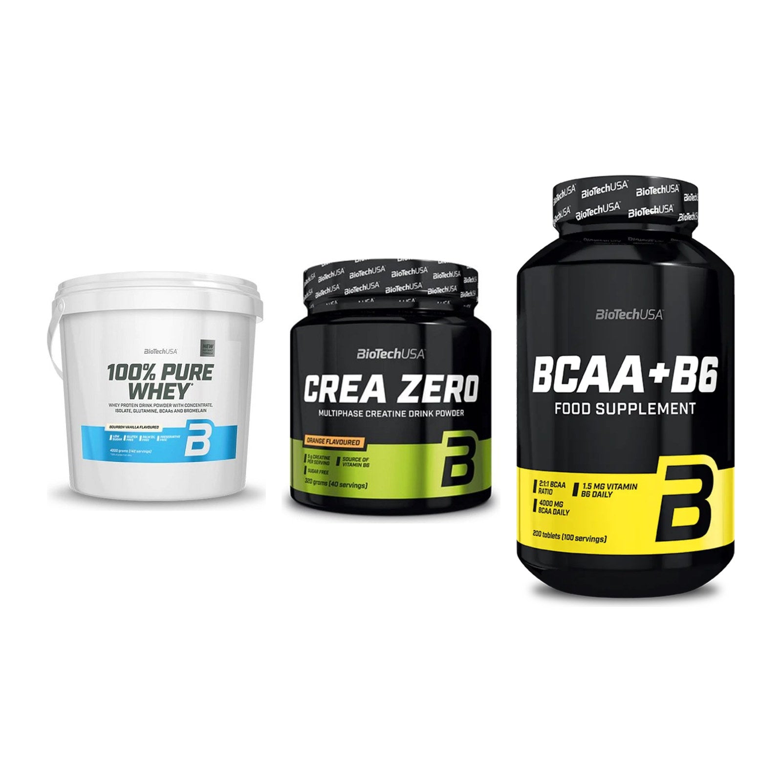 BioTech USA Marken-Trio: 100% Pure Whey + Crea Zero + BCAA+B6 200 Tabl – alle enthaltenen Artikel