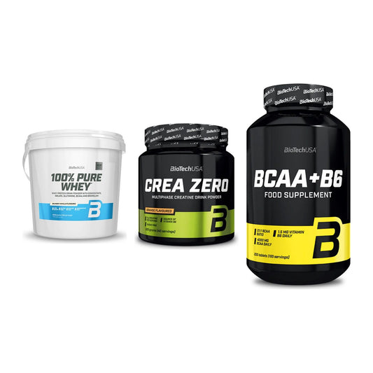 BioTech USA Marken-Trio: 100% Pure Whey + Crea Zero + BCAA+B6 200 Tabl – alle enthaltenen Artikel