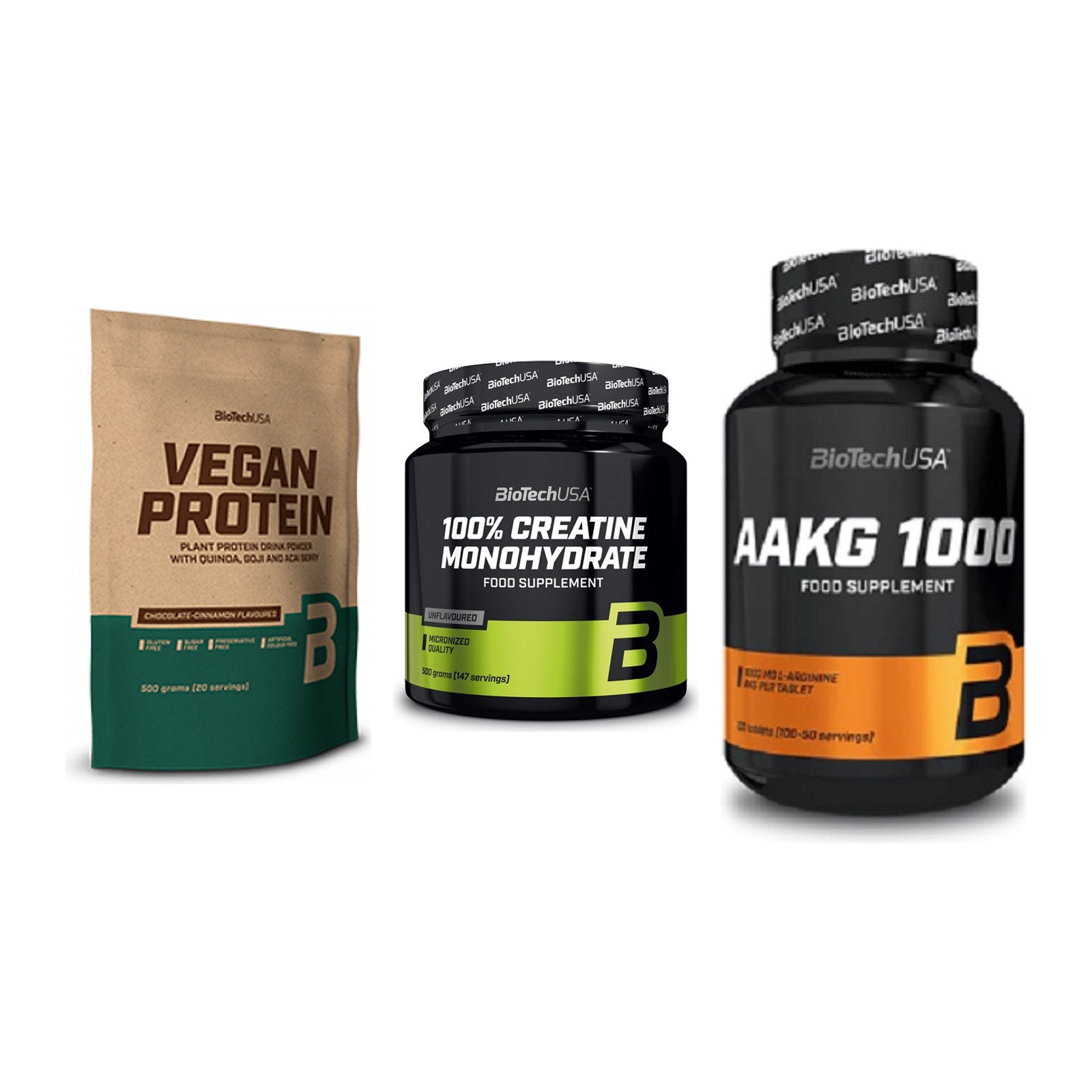 BioTech USA Marken-Trio: Vegan Protein + Creatine + AAKG 1000mg – alle enthaltenen Artikel