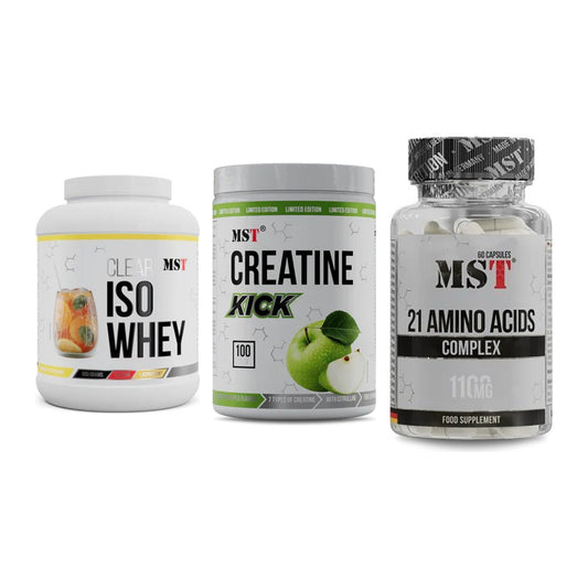 MST Marken-Trio: Iso Clear 900g + Creatine Kick + 21 Amino Acids – alle enthaltenen Artikel
