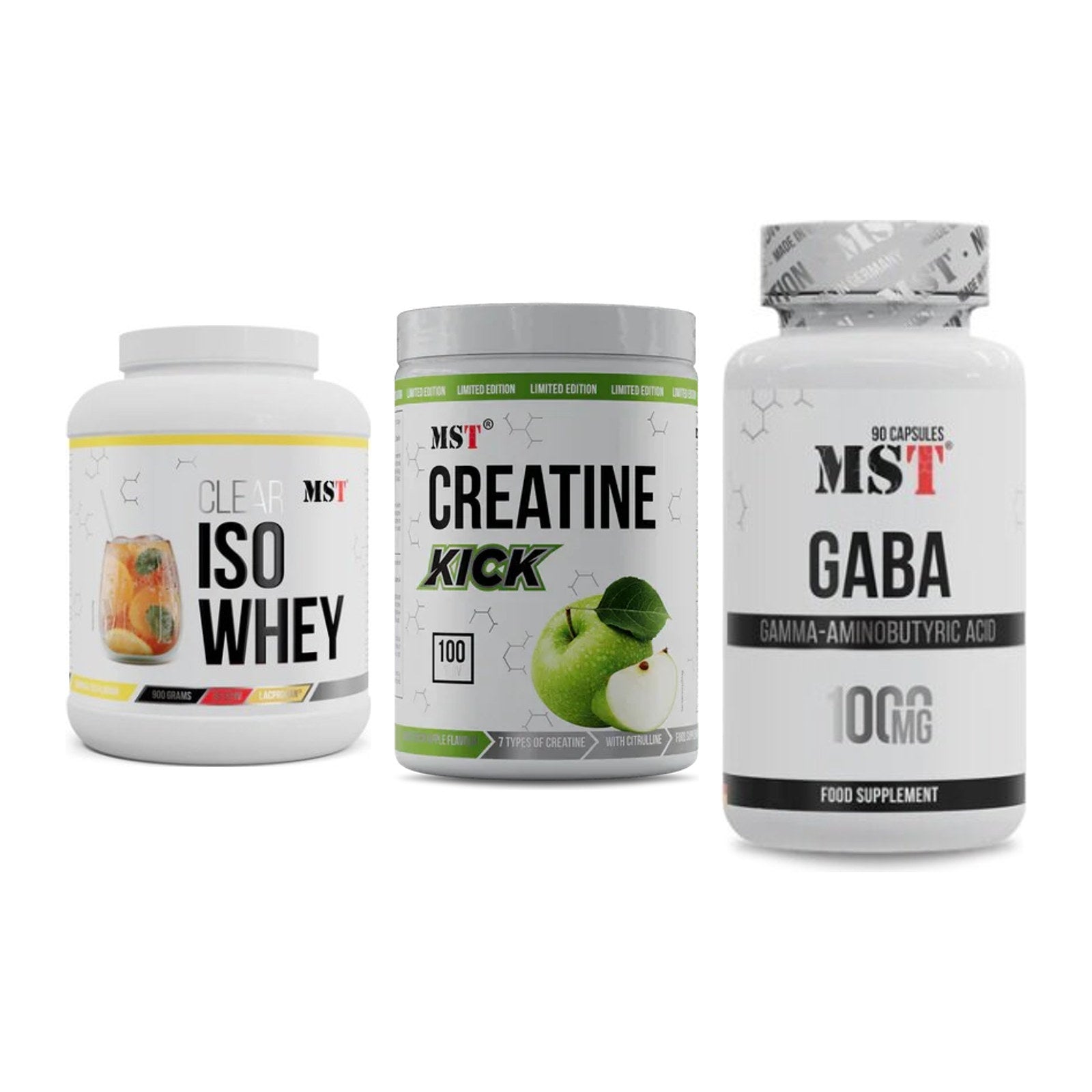 MST Marken-Trio: Iso Clear 900g + Creatine Kick + GABA 1000mg – alle enthaltenen Artikel