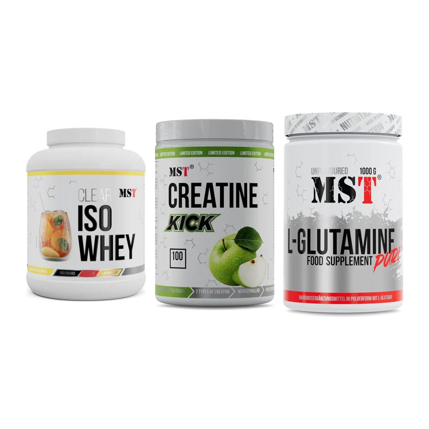 MST Marken-Trio: Iso Clear 900g + Creatine Kick + Glutamine – alle enthaltenen Artikel