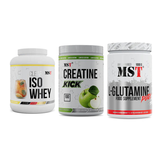MST Marken-Trio: Iso Clear 900g + Creatine Kick + Glutamine – alle enthaltenen Artikel