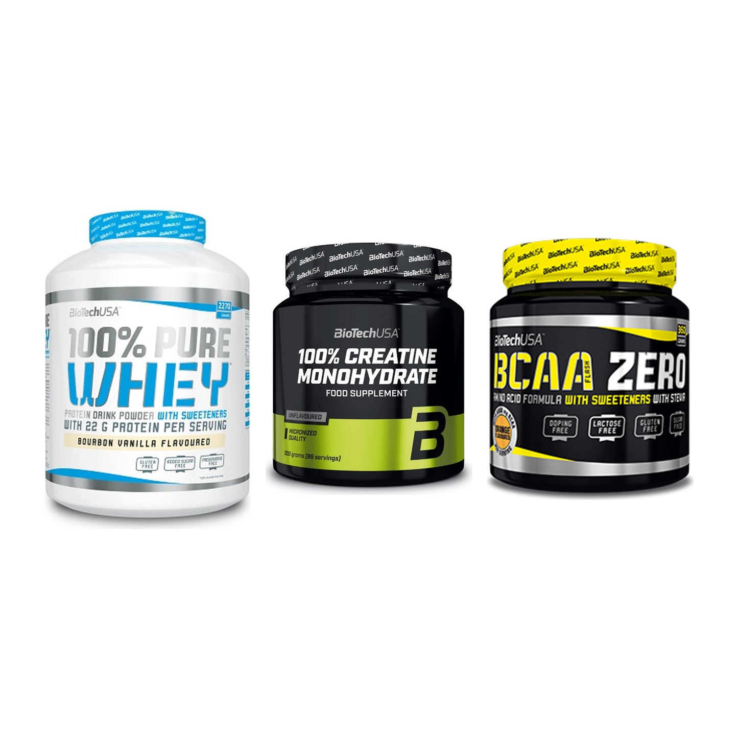 BioTech USA Marken-Trio: 100% Pure + Creatine + BCAA Zero – alle enthaltenen Artikel