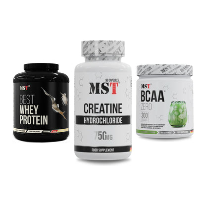 MST Marken-Trio: Best Whey Protein + Creatin HCL + BCAA Zero – alle enthaltenen Artikel