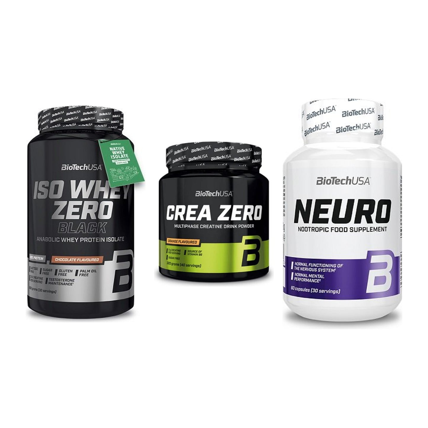 BioTech USA Marken-Trio: Iso Whey Zero Black + Crea Zero + Neuro – alle enthaltenen Artikel