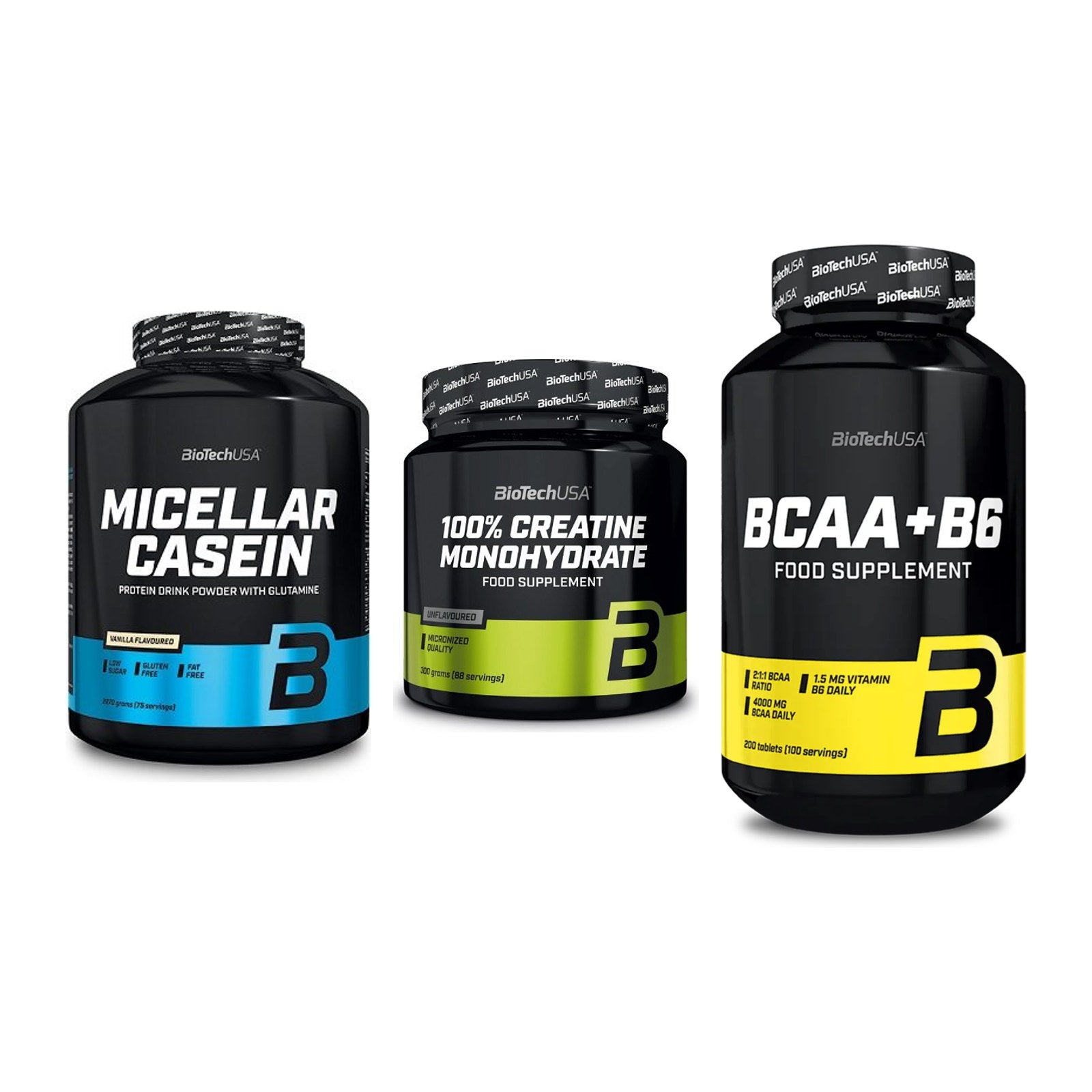 BioTech USA Marken-Trio: Micellar + Creatine + BCAA+B6 200 – alle enthaltenen Artikel