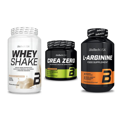 BioTech USA Marken-Trio: Whey Shake + Crea Zero + L-Arginine – alle enthaltenen Artikel