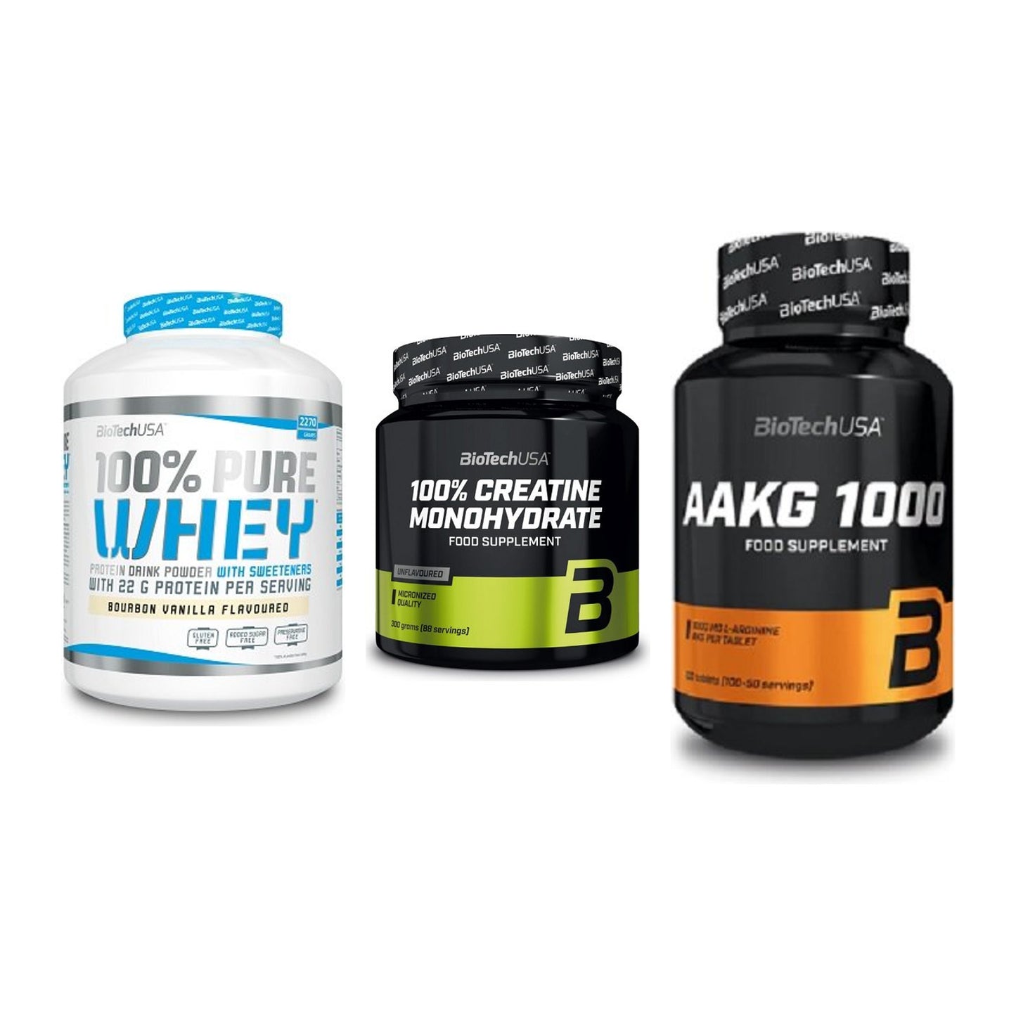 BioTech USA Marken-Trio: 100% Pure + Creatine + AAKG 1000mg – alle enthaltenen Artikel