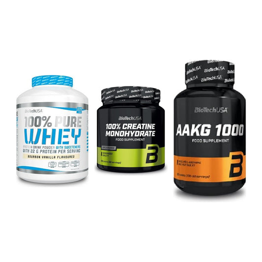BioTech USA Marken-Trio: 100% Pure + Creatine + AAKG 1000mg – alle enthaltenen Artikel