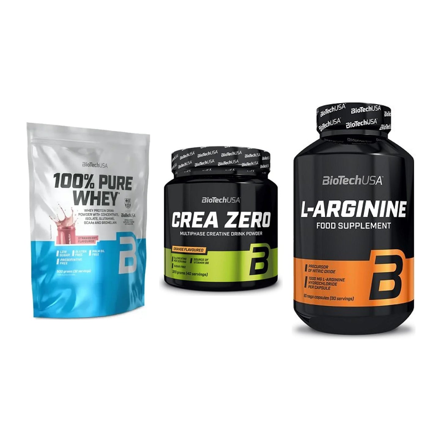 BioTech USA Marken-Trio: 100% Pure Whey + Crea Zero + L-Arginine – alle enthaltenen Artikel
