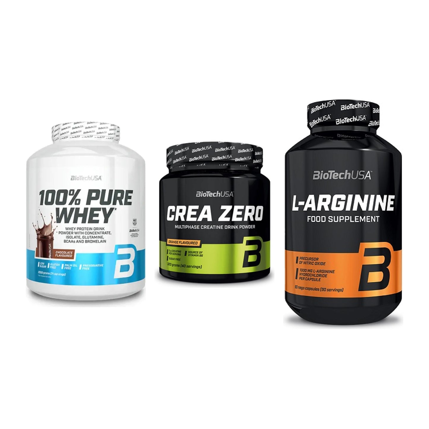 BioTech USA Marken-Trio: 100% Pure Whey + Crea Zero + L-Arginine – alle enthaltenen Artikel