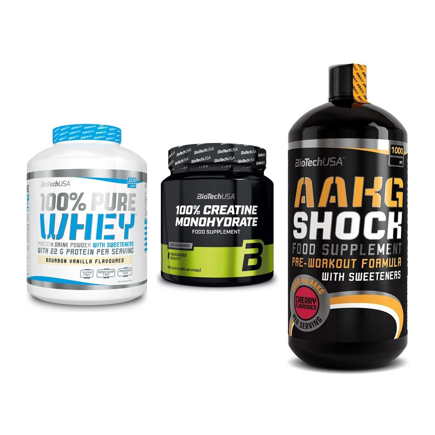 BioTech USA Marken-Trio: 100% Pure + Creatine + AAKG Shock – alle enthaltenen Artikel