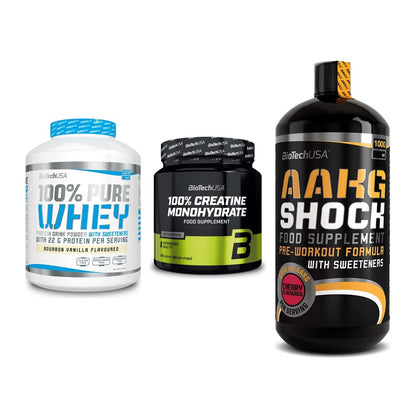 BioTech USA Marken-Trio: 100% Pure + Creatine + AAKG Shock – alle enthaltenen Artikel