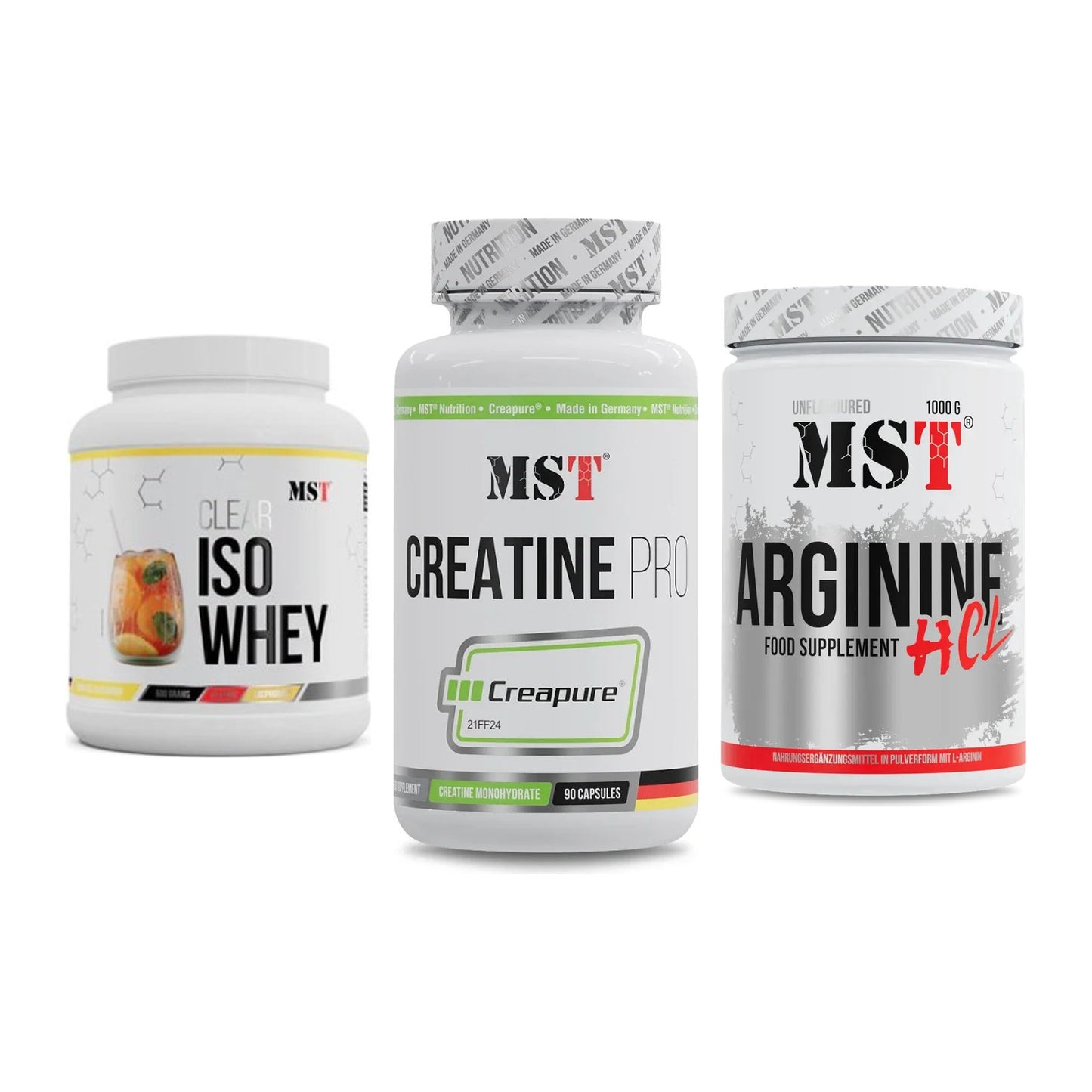 MST Marken-Trio: Iso Clear + Creatine Pro CREAPURE + Arginine HCL – alle enthaltenen Artikel
