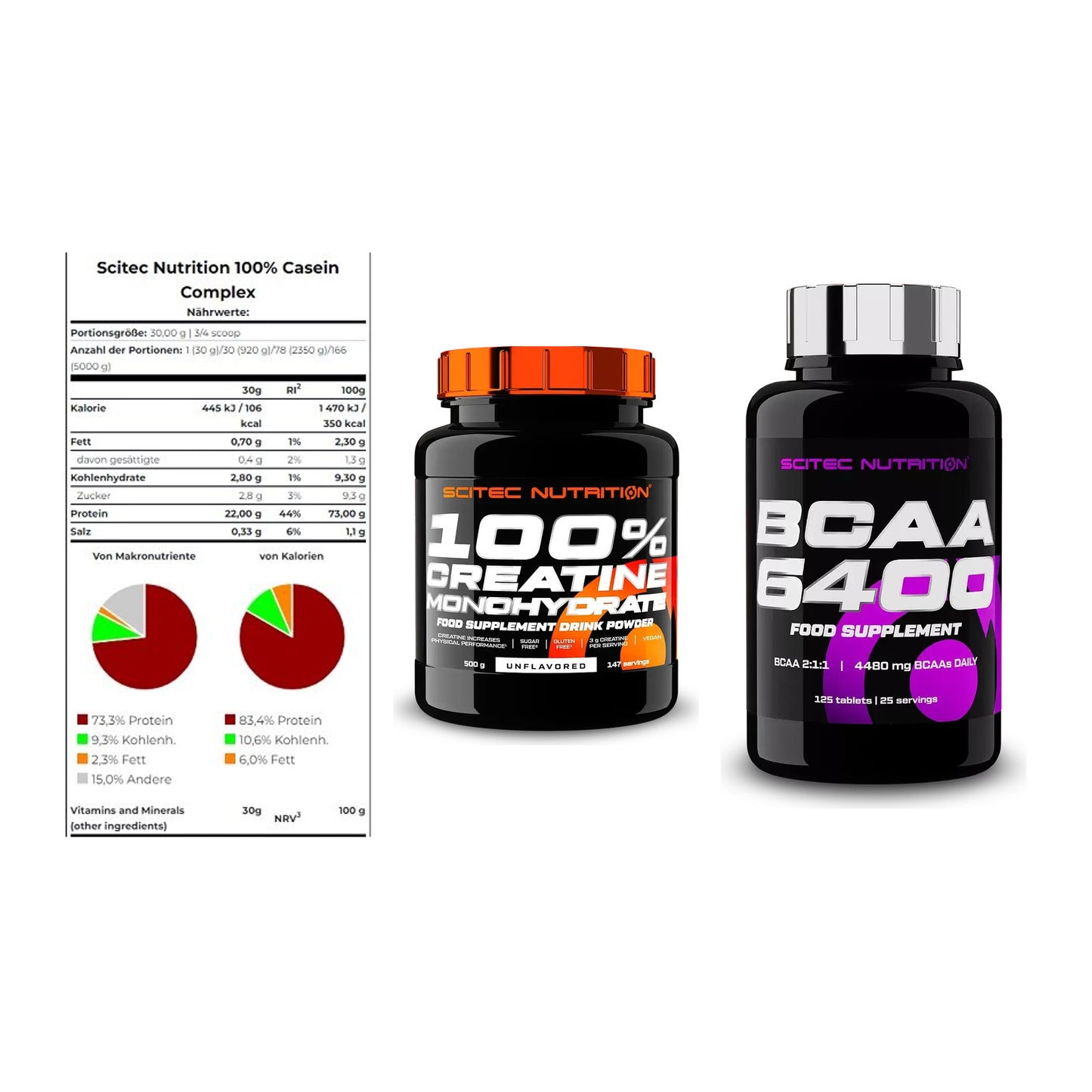 Scitec Nutrition Marken-Trio: Casein Compl + Creatine + 1 weitere – alle enthaltenen Artikel