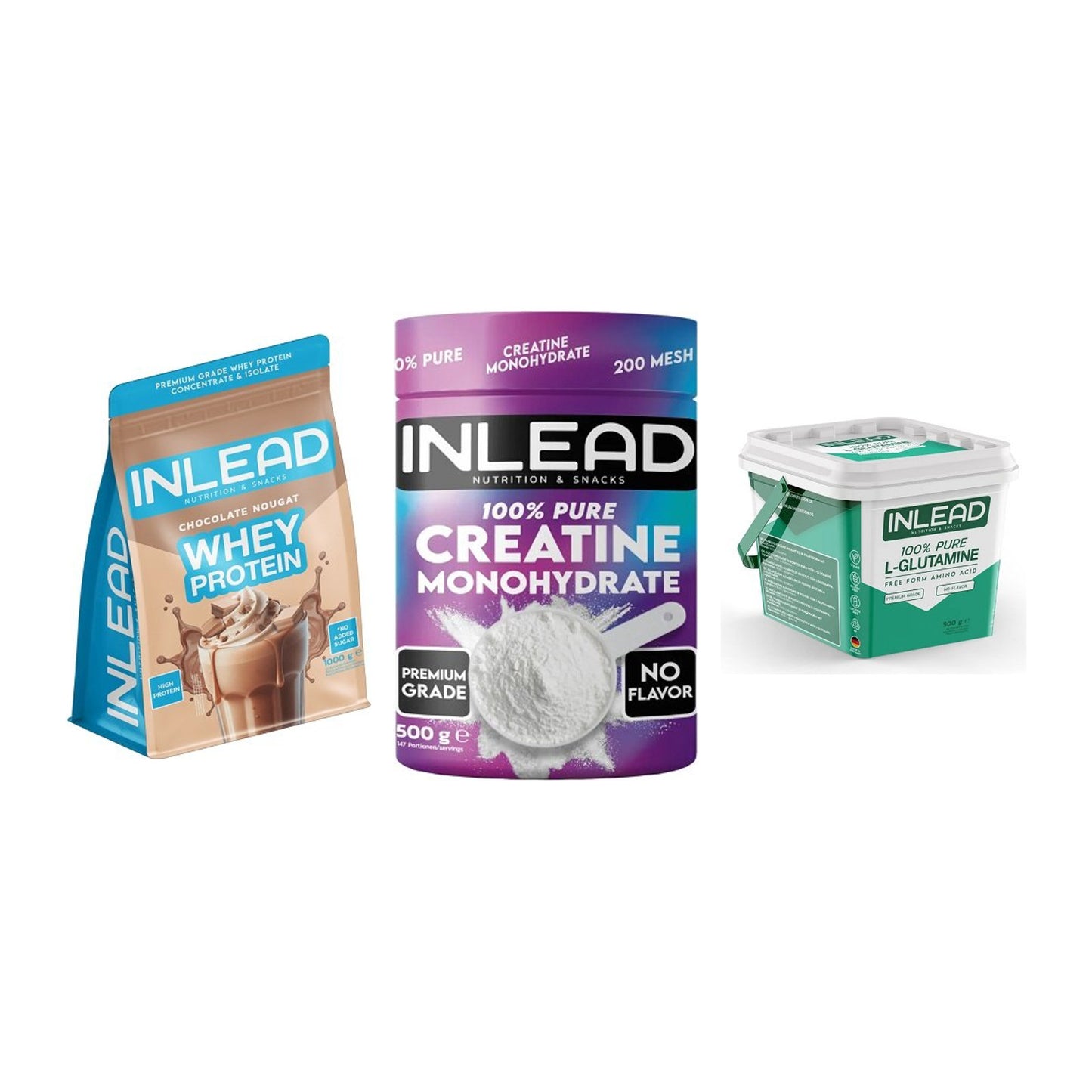 INLEAD Marken-Trio: Whey Protein + Creatine Monohydrate + L-Glutamine – alle enthaltenen Artikel