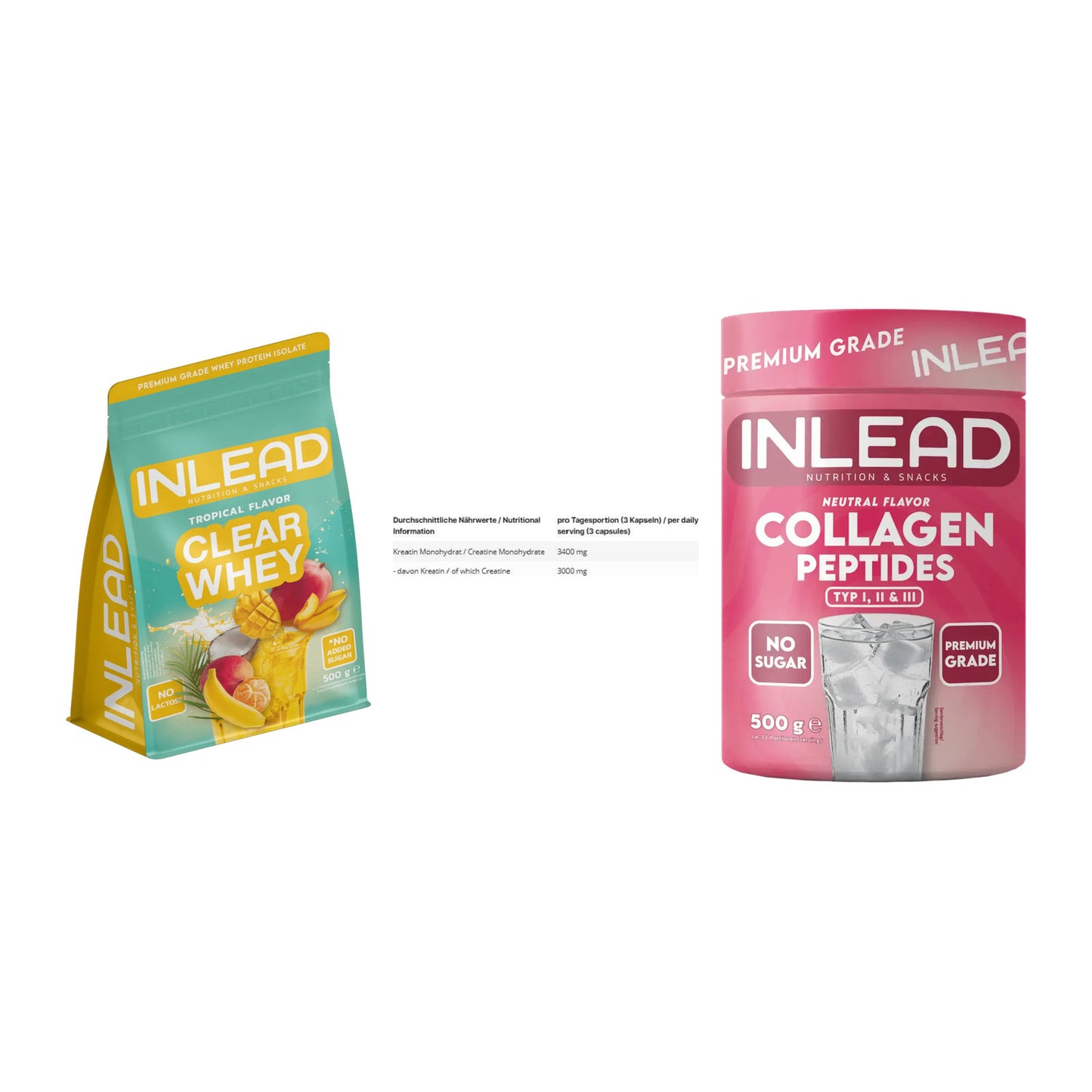 INLEAD Marken-Trio: Clear Whey + Creatine + Collagen – alle enthaltenen Artikel