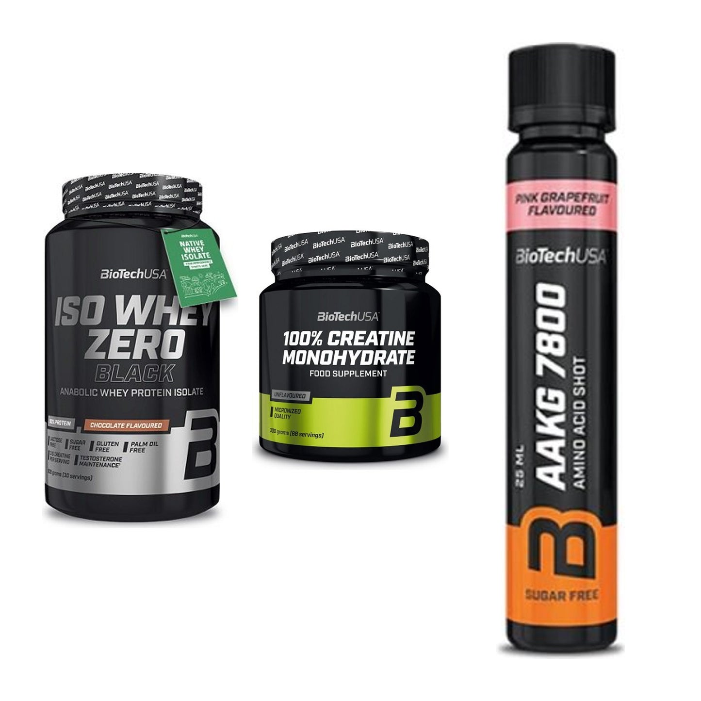 BioTech USA Marken-Trio: Iso Whey Zero + Creatine + AAKG 7800 – alle enthaltenen Artikel