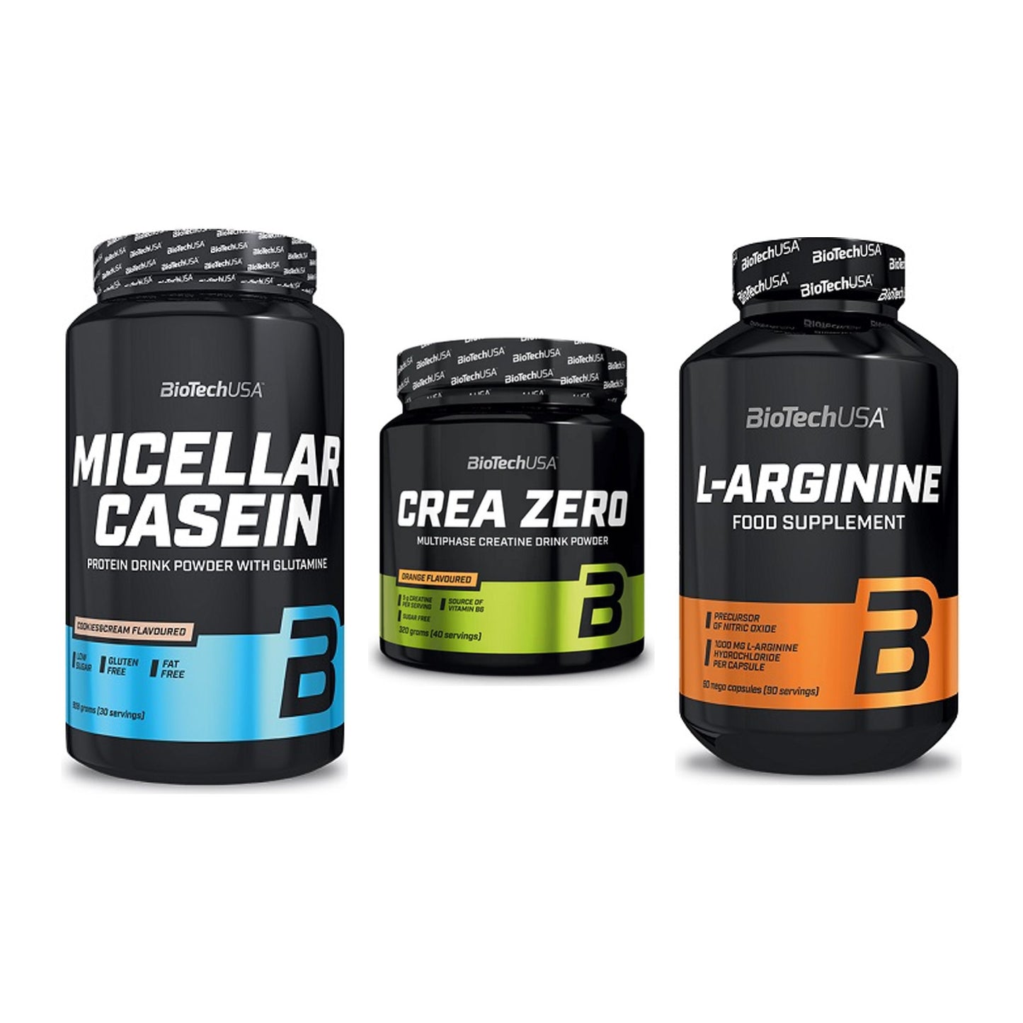 BioTech USA Marken-Trio: Micellar Casein + Crea Zero + L-Arginine – alle enthaltenen Artikel