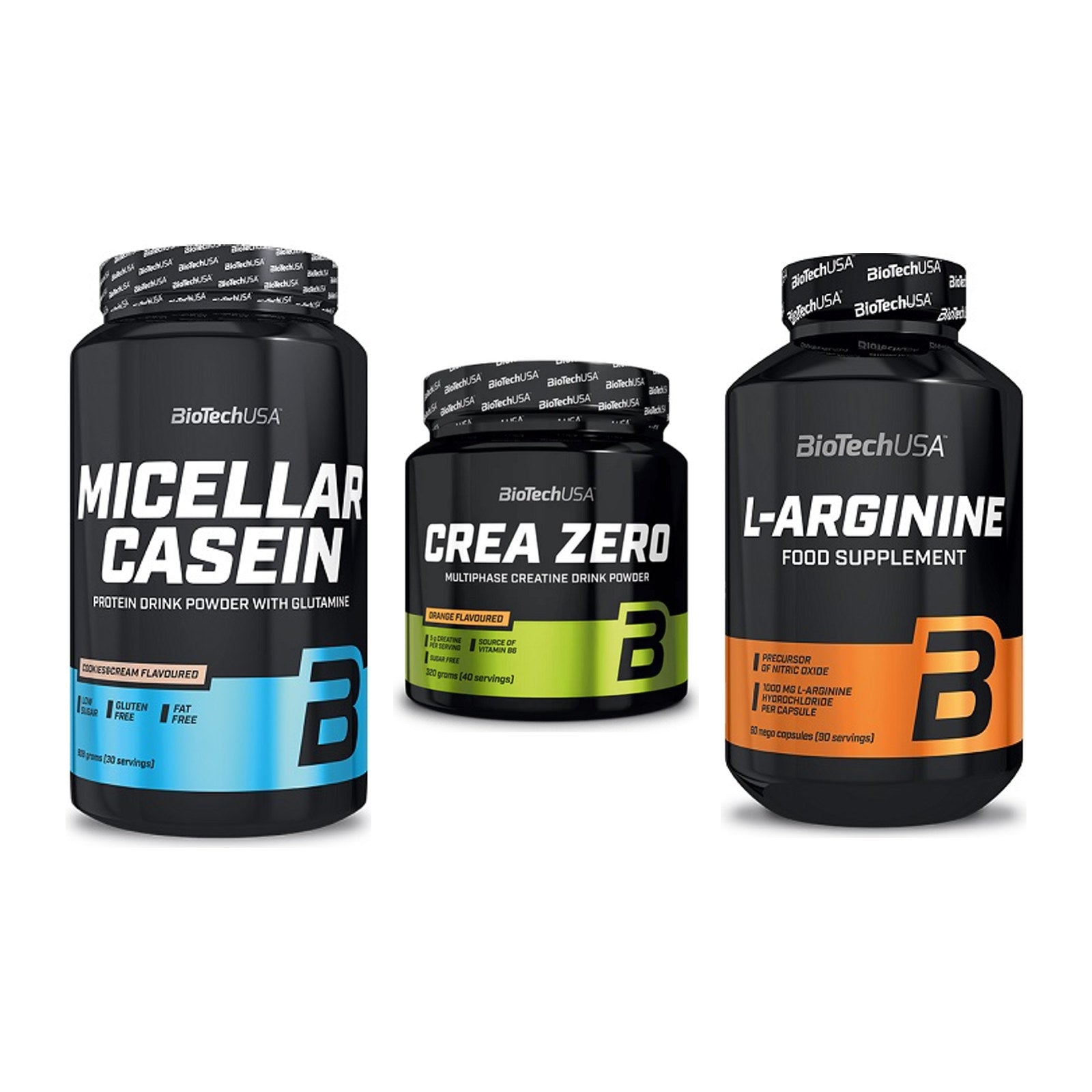 BioTech USA Marken-Trio: Micellar Casein + Crea Zero + L-Arginine – alle enthaltenen Artikel
