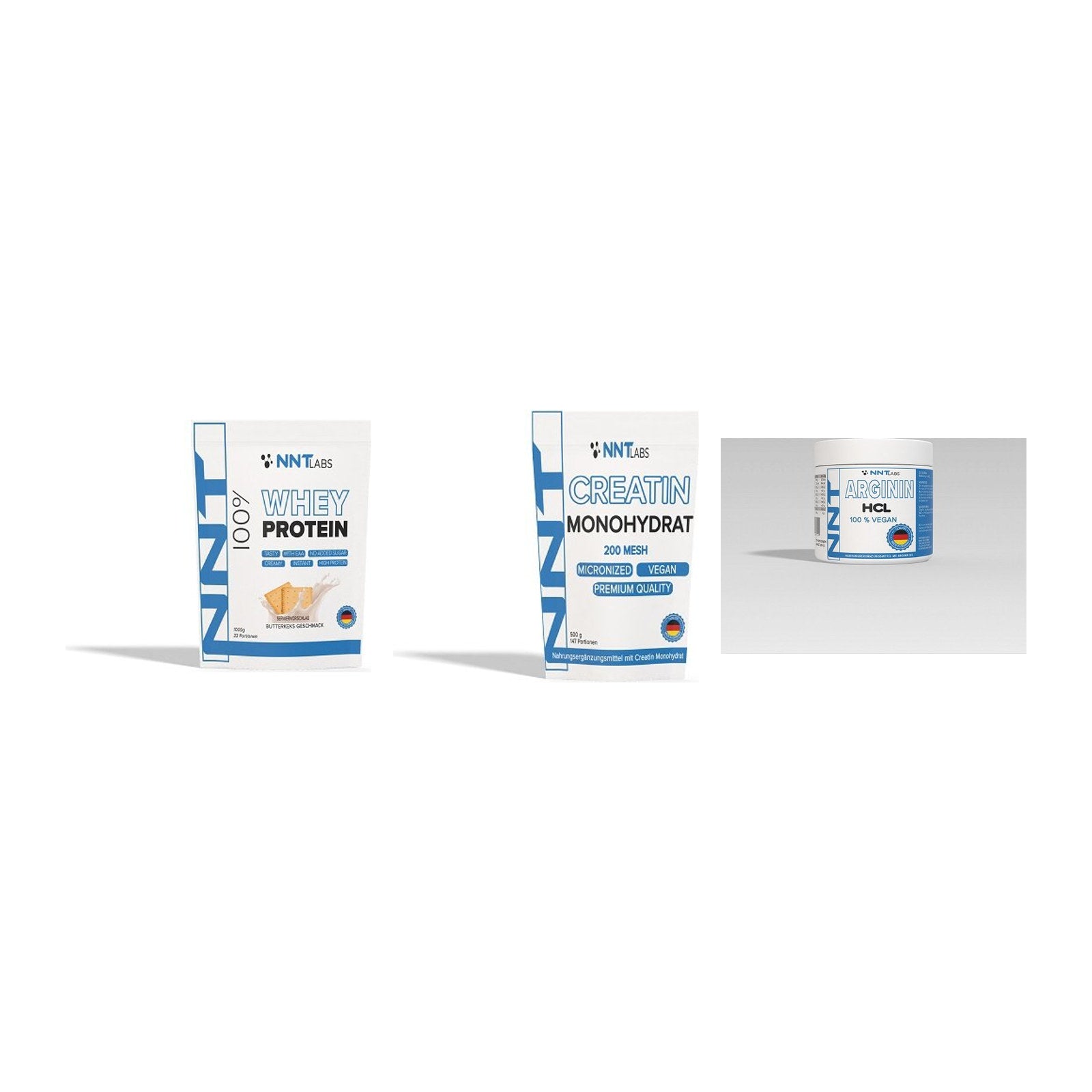 NNT Labs Marken-Trio: Whey + Creatin Monohydrat + Arginin – alle enthaltenen Artikel