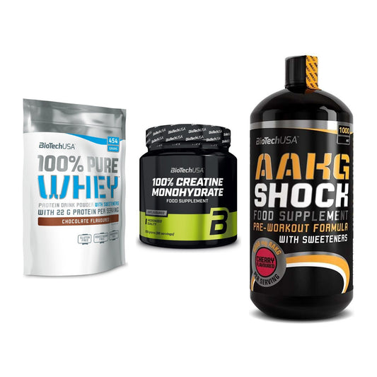 BioTech USA Marken-Trio: 100% Pure + Creatine + AAKG Shock – alle enthaltenen Artikel